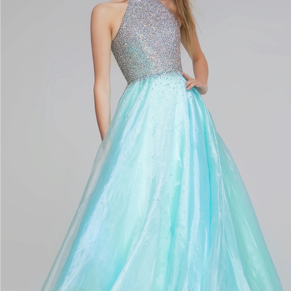 Jovani Aqua Blue Sparkle Halter Ball Gown